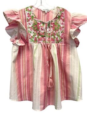 Pink Green Embroidered Striped Flutter Sleeve Top Medium